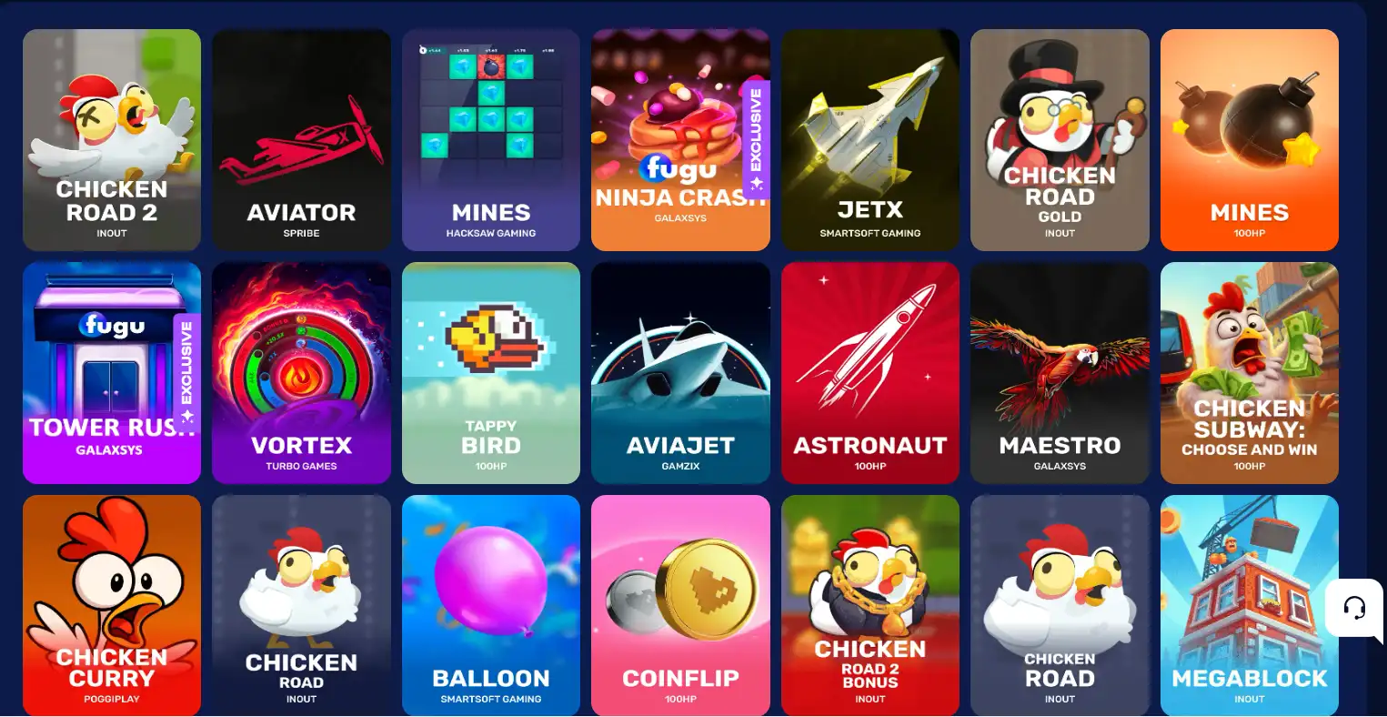 Раздел crash и быстрых игр Fugu с плитками Aviator, Mines и JetX